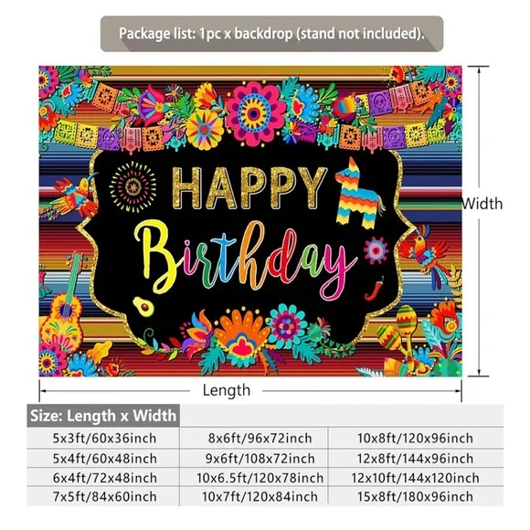 Giant Fiesta Happy Birthday Backdrop Colorful Mexican Themed - Picture 5 of 9